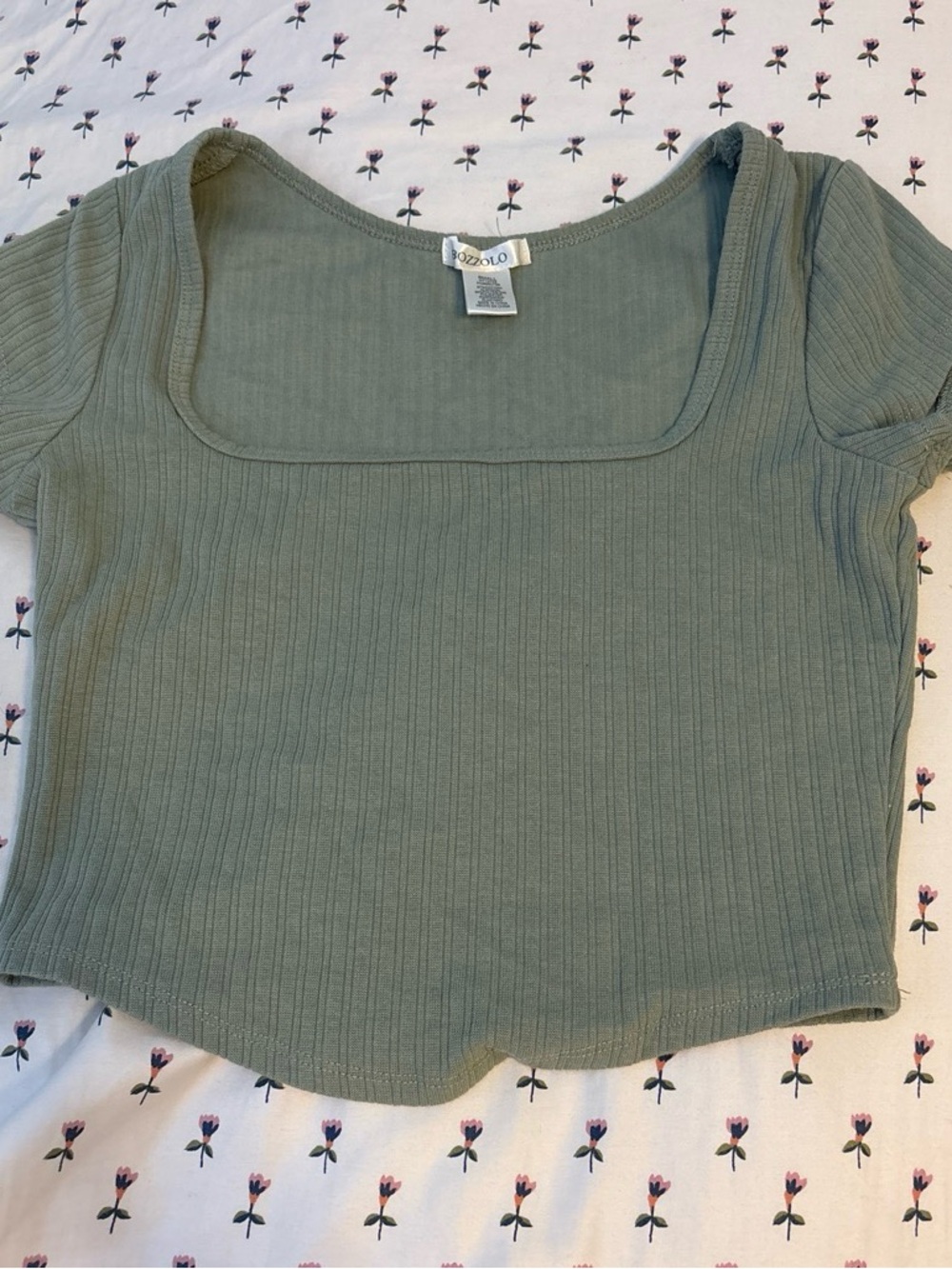 Bozzolo Sage Green Ribbed Square-Neck Crop Top